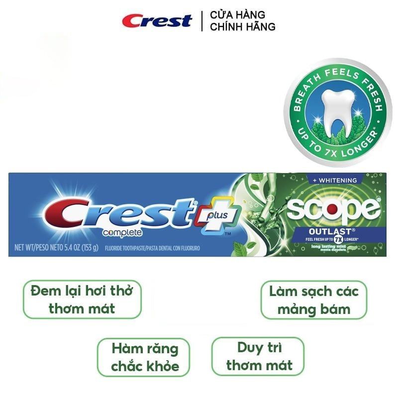 Kem Đánh Răng Crest Mát Lạnh, Sảng Khoái Complete Scope Outlast + Whitening 153g