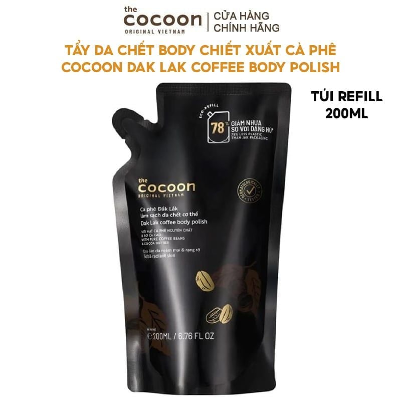 Tẩy Da Chết Body Cocoon Làm Đều Màu Da Và Dưỡng Mịn Da Chiết Xuất Cà Phê Dak Lak Coffee Body Polish - túi refill 200ml