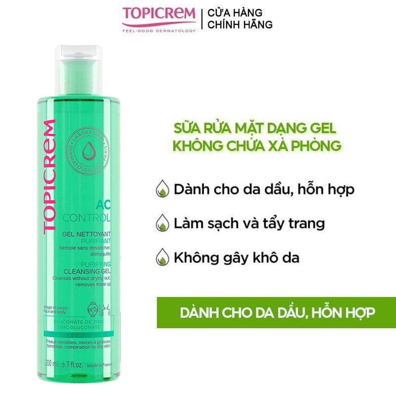 Sữa Rửa Mặt Dạng Gel Topicrem Dành Cho Da Dầu, Hỗn Hợp AC Control Purifying Cleansing Gel 200ml