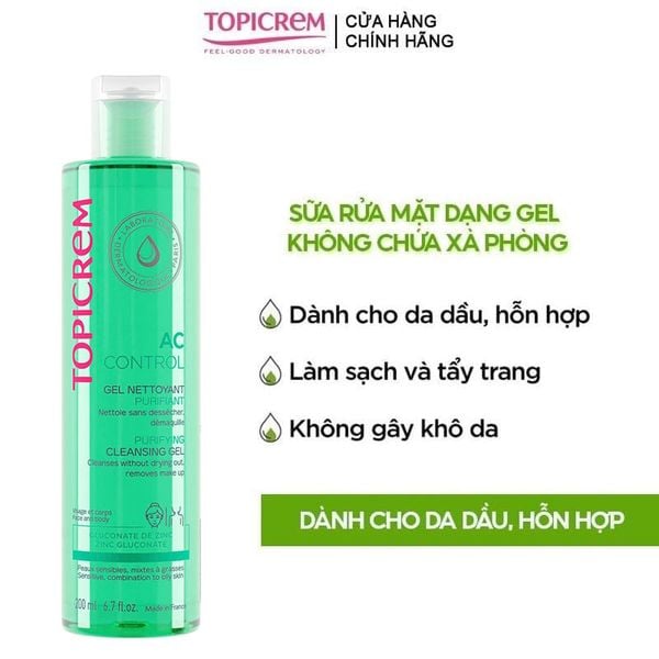  Sữa Rửa Mặt Dạng Gel Topicrem Dành Cho Da Dầu, Hỗn Hợp AC Control Purifying Cleansing Gel 200ml 