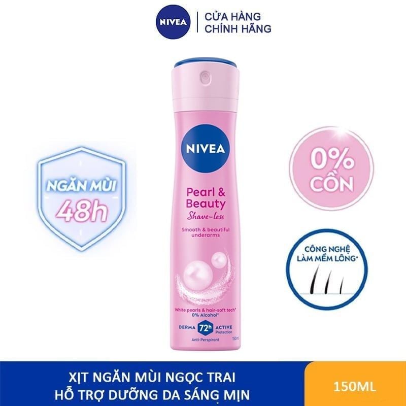 Xịt Ngăn Mùi Nivea Ngọc Trai, Hỗ Trợ Dưỡng Da Sáng Mịn Anti-Perspirant Pearl & Beauty Soft Smooth Shaveless 150ml