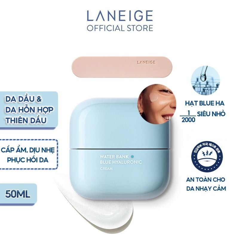 Kem Dưỡng Laneige Ẩm Dạng Gel Dịu Nhẹ Phục Hồi Cho Da Dầu, Da Hỗn Hợp Water Bank Blue Hyaluronic Cream For Combination To Oily Skin 50ml