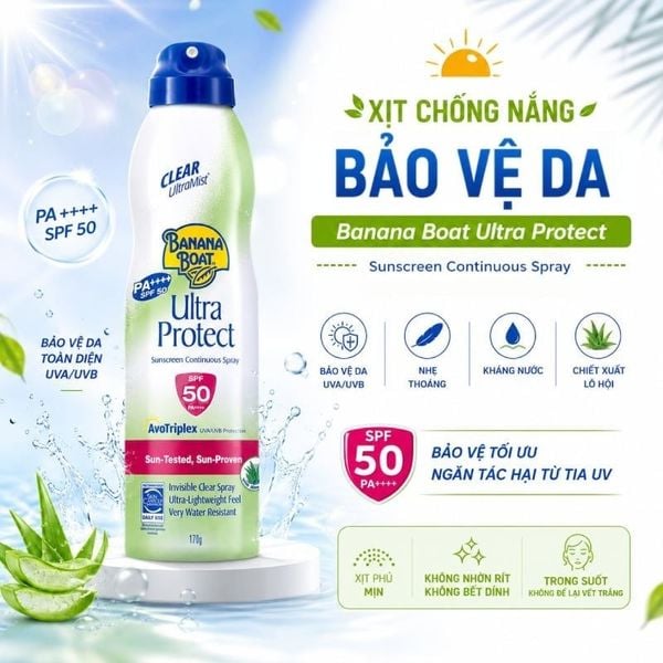  Xịt Chống Nắng Banana Boat Dưỡng Ẩm, Bảo Vệ Da Ultra Protect Sunscreen Continuous Spray SPF 50 PA++++ 170g 