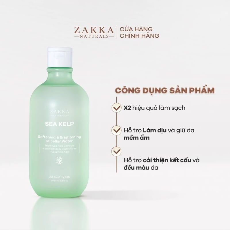 Nước Tẩy Trang Zakka Naturals Tảo Biển, Làm Sạch Dưỡng Ẩm Da  Sea Kelp Softening & Brightening Micellar Water 500ml