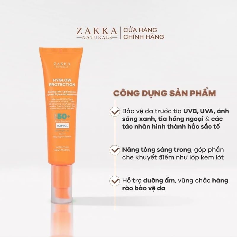 Kem Chống Nắng Phổ Rộng Nâng Tông Sáng Da Zakka Naturals Hyglow Protection Glowing Tone-Up Sunscreen Age and Pigmentation Defense 45ml