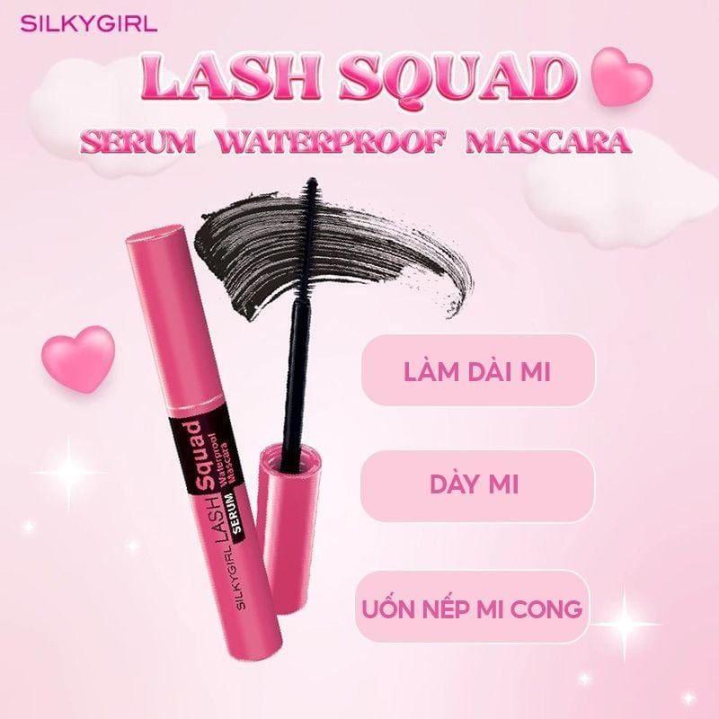 Mascara Làm Dài, Dày Và Cong Mi Silkygirl Lash Squad Serum Waterproof Mascara #01 Intense 4ml