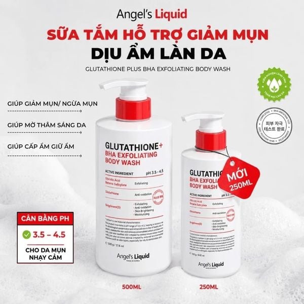  Sữa Tắm Angel's Liquid Hỗ Trợ Giảm Mụn, Dịu Ẩm Làn Da Glutathione Plus Bha Exfoliating Body Wash 250g 