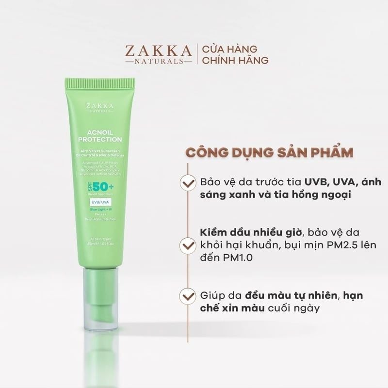 Kem Chống Nắng Zakka Naturals Phổ Rộng Kiềm Dầu Acnoil Protection Airy Velvet Sunscreen Oil Control & PM2.5 Defense 45ml
