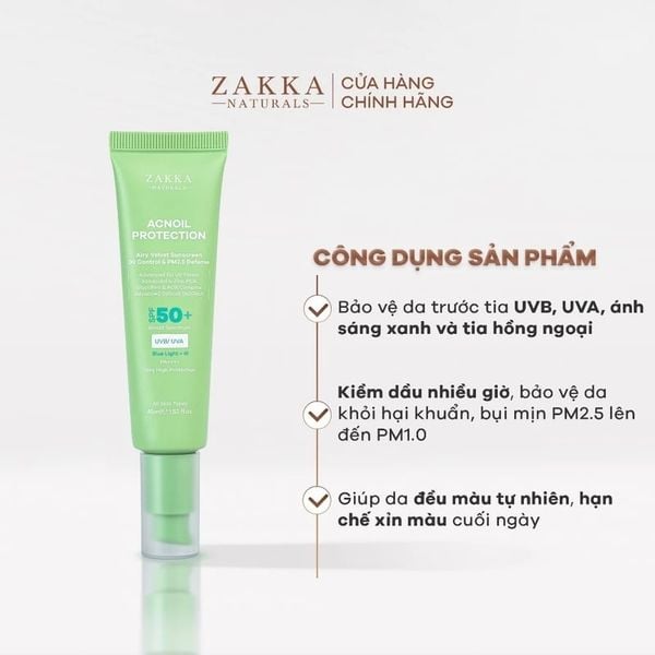  Kem Chống Nắng Zakka Naturals Phổ Rộng Kiềm Dầu Acnoil Protection Airy Velvet Sunscreen Oil Control & PM2.5 Defense 45ml 