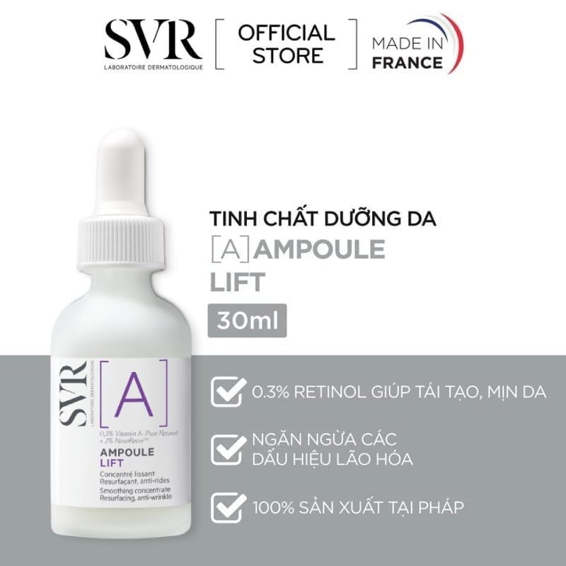 Serum SVR Tinh Chất Ngăn Ngừa Lão Hóa, Dưỡng Da Mềm Mịn [A] Ampoule Lift 30ml + Sữa Rửa Mặt SVR Physiopure Gelée Moussante 200ml