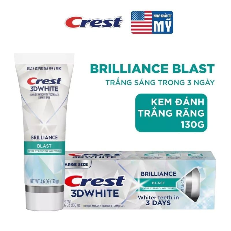 Kem Đánh Răng Crest Trắng Sáng Vượt Trội, Sạch Sâu, Thơm Lâu 3D White Brilliance Toothpaste 130g