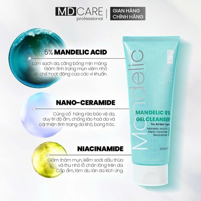 Sữa Rửa Mặt Dạng Gel Làm Sạch Sâu MD CARE Professional Mandelic Acid 5% Gel Cleanser