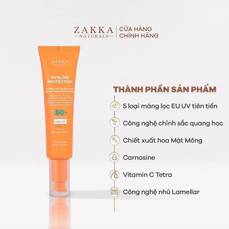Kem Chống Nắng Phổ Rộng Nâng Tông Sáng Da Zakka Naturals Hyglow Protection Glowing Tone-Up Sunscreen Age and Pigmentation Defense 45ml