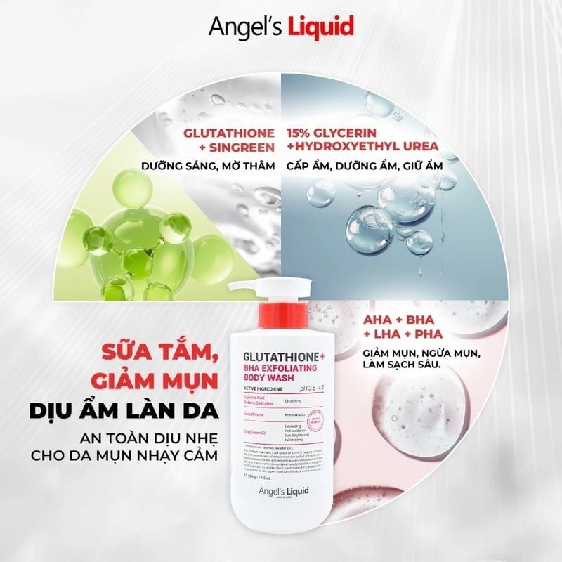 Sữa Tắm Angel's Liquid Hỗ Trợ Giảm Mụn, Dịu Ẩm Làn Da Glutathione Plus Bha Exfoliating Body Wash 250g