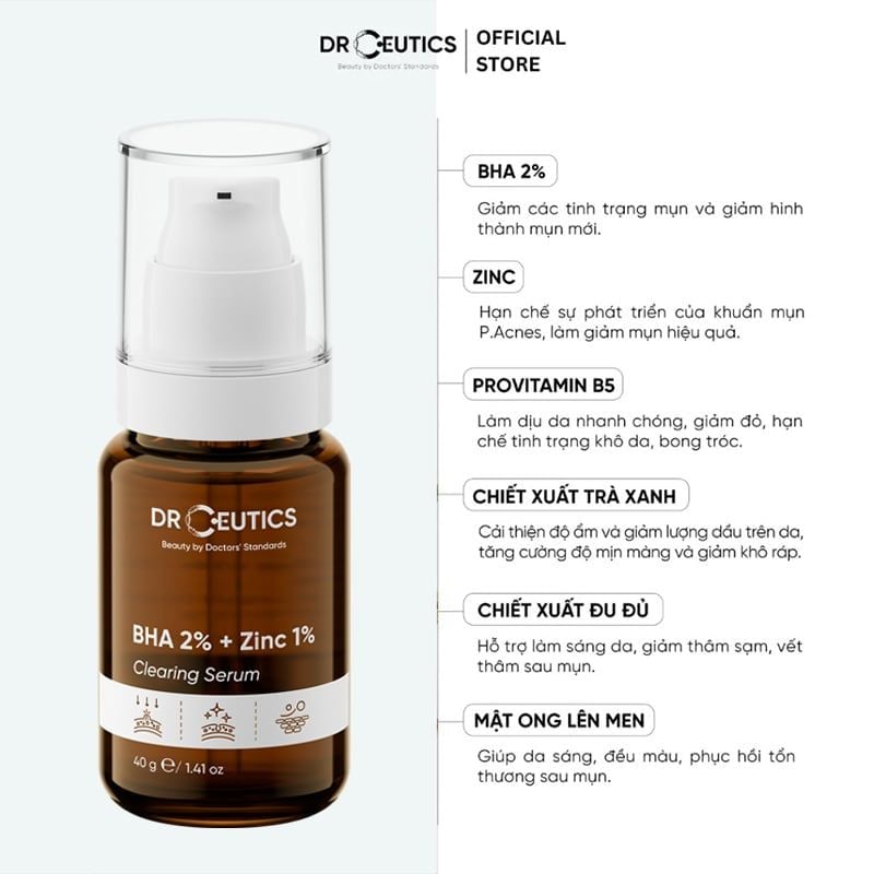 Serum Tinh Chất Dưỡng DrCeutics Hỗ Trợ Giảm Mụn, Kiểm Soát Dầu BHA 2% + Zinc 1% Clearing Serum 40g