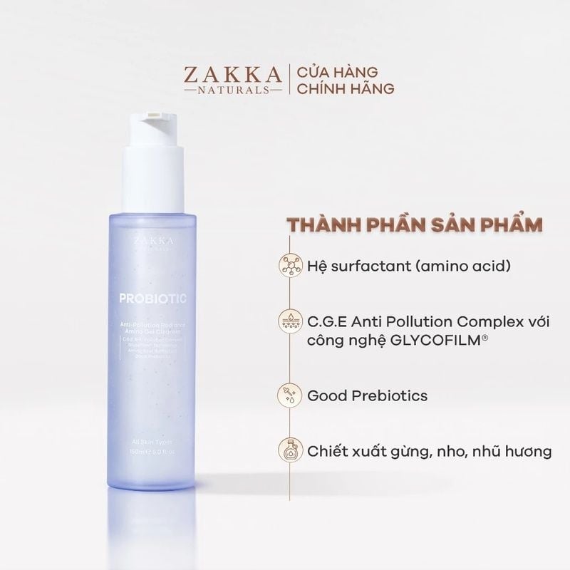 Gel Rửa Mặt Zakka Naturals Làm Sạch Bụi Mịn, Hỗ Trợ Sáng Da Probiotic Anti-Pollution Radiance Amino Gel Cleanser 150ml