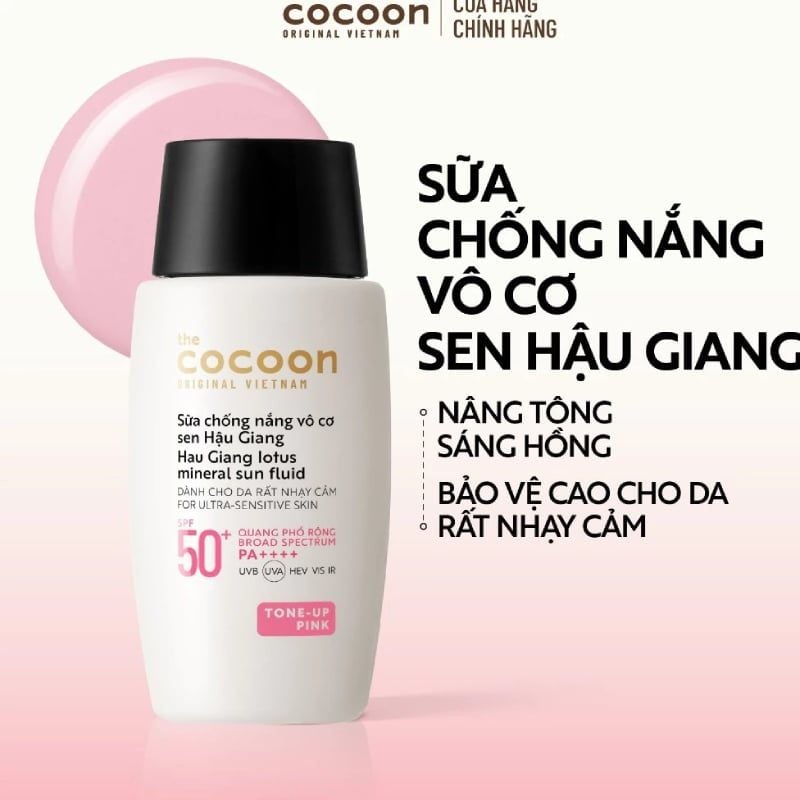 Sữa Chống Nắng Cocoon Vô Cơ Sen Hậu Giang Hau Giang Lotus Mineral Sun Fluid SPF 50+ PA++++