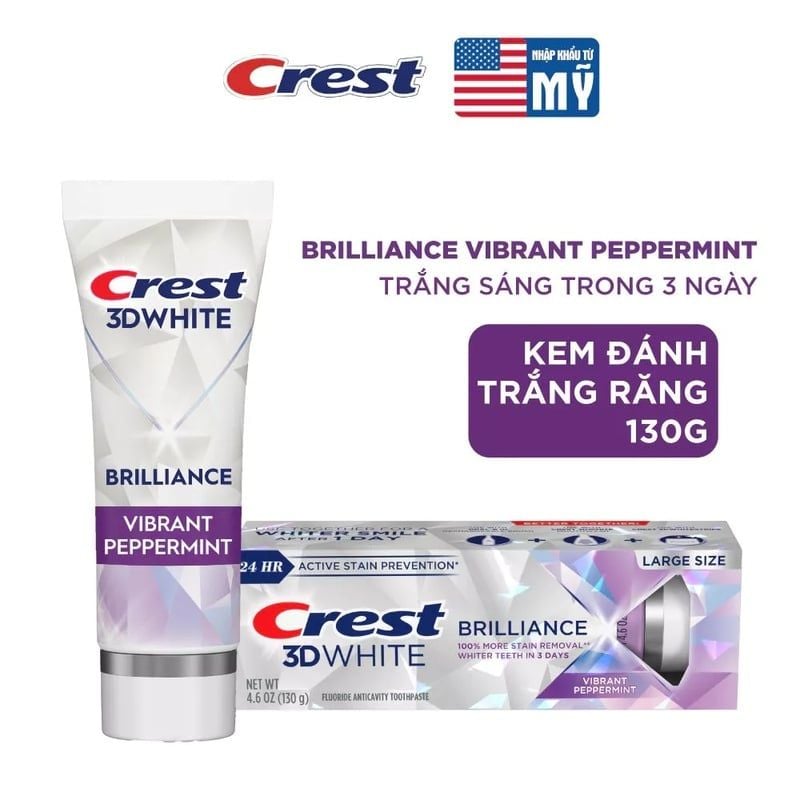 Kem Đánh Răng Crest Trắng Sáng Vượt Trội, Sạch Sâu, Thơm Lâu 3D White Brilliance Toothpaste 130g