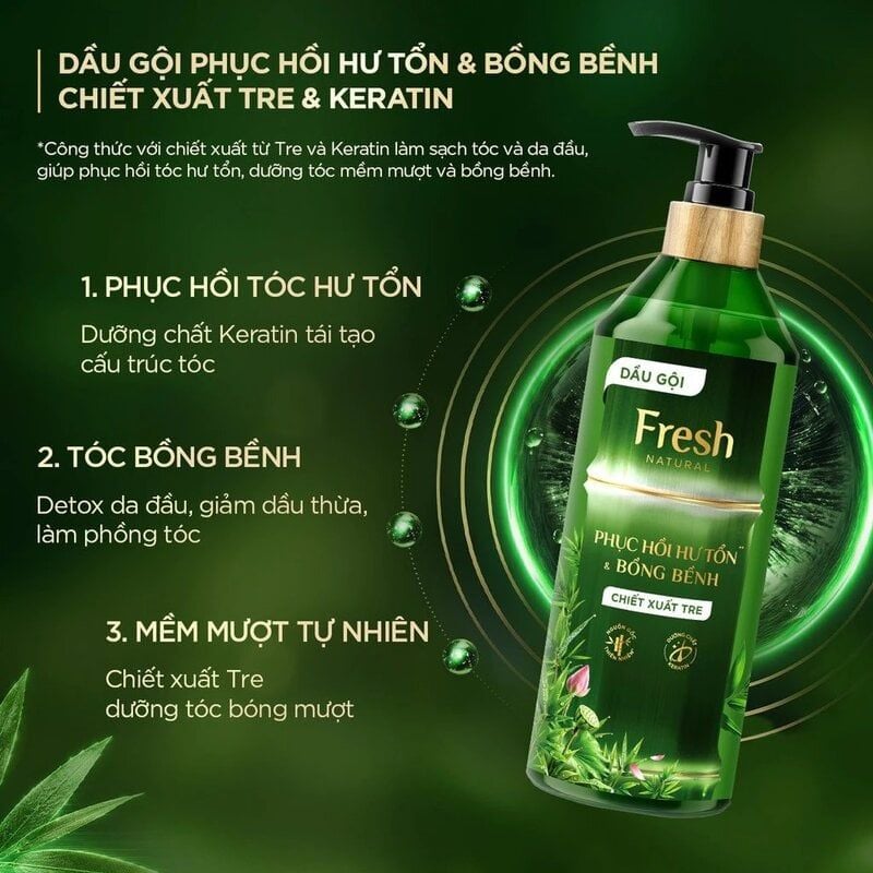 Dầu Gội Fresh Natural Chiết Xuất Tre Hỗ Trợ Giảm Gàu, Phục Hồi Tóc Hư Tổn & Bồng Bềnh Tóc 650g