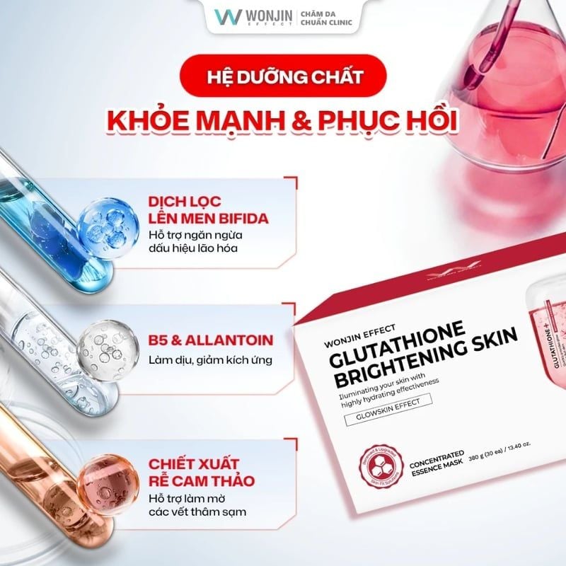 Mặt Nạ Hỗ Trợ Dưỡng Sáng Da Wonjin Effect Glutathone Brightening Skin Mask 350g - hộp 30 miếng