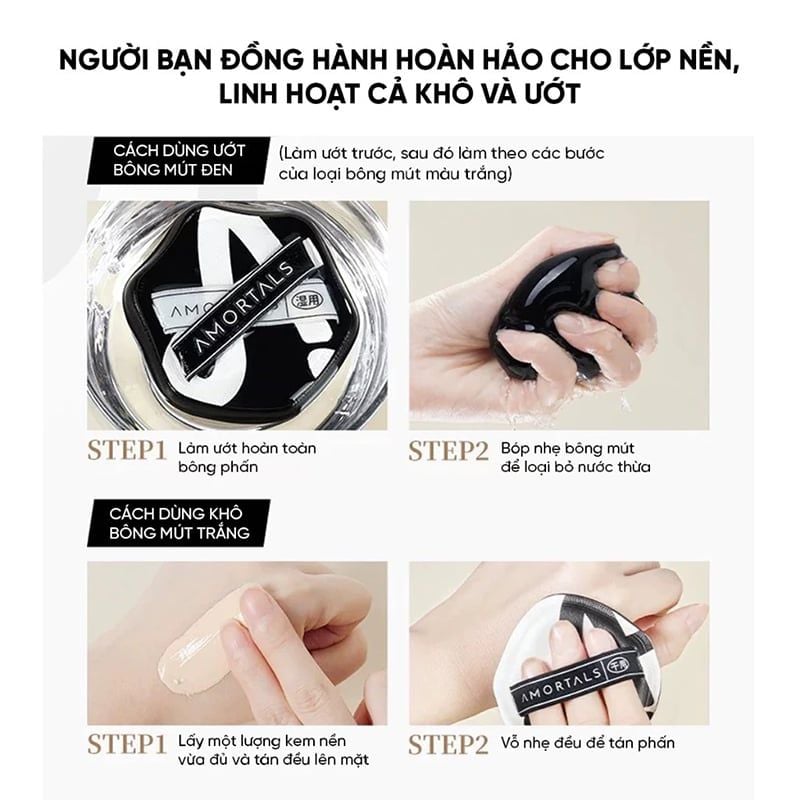 Set 2 Bông Mút Trang Điểm Amortals Căng Bóng, Che Phủ Tốt Dual-A Powder Puff Set (2 Bông Mút+ 1 Hộp Đựng)