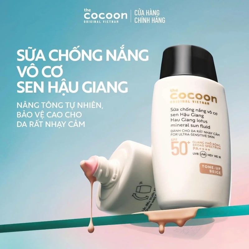 Sữa Chống Nắng Cocoon Vô Cơ Sen Hậu Giang Hau Giang Lotus Mineral Sun Fluid SPF 50+ PA++++