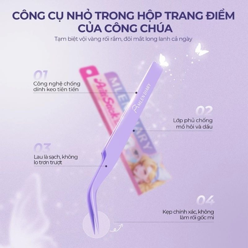 Nhíp Gắp Mi Mlen Diary Chuyên Dụng Chống Dính Purple Non-stick Tweezers