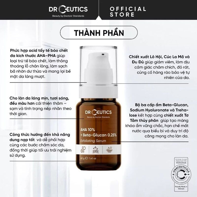 Serum Tẩy Tế Bào Chết Hóa Học DrCeutics AHA 10% + Beta-Glucan 0.25% Exfoliating Serum 40g