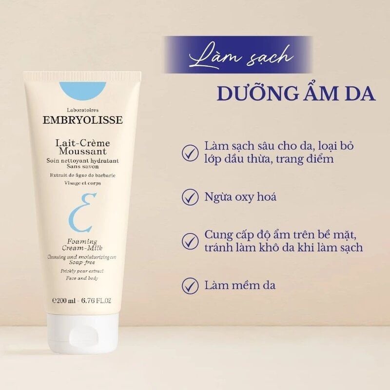 Sữa Rửa Mặt Sạch Sâu, Cấp Ẩm Embryolisse Lait-Crème Moussant 200ml
