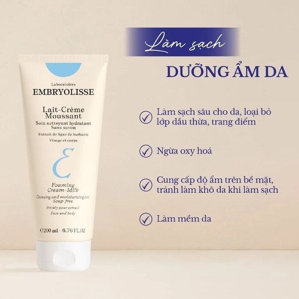  Sữa Rửa Mặt Sạch Sâu, Cấp Ẩm Embryolisse Lait-Crème Moussant 200ml 