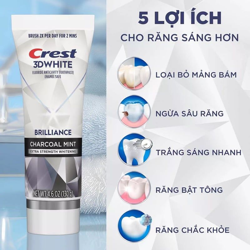 Kem Đánh Răng Crest Trắng Sáng Vượt Trội, Sạch Sâu, Thơm Lâu 3D White Brilliance Toothpaste 130g