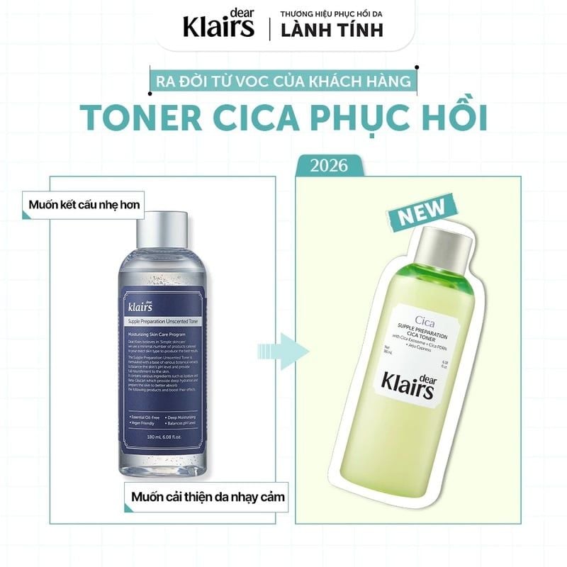 Nước Hoa Hồng Dear Klairs Làm Dịu, Hỗ Trợ Phục Hồi Da Supple Preparation Cica Toner 180ml