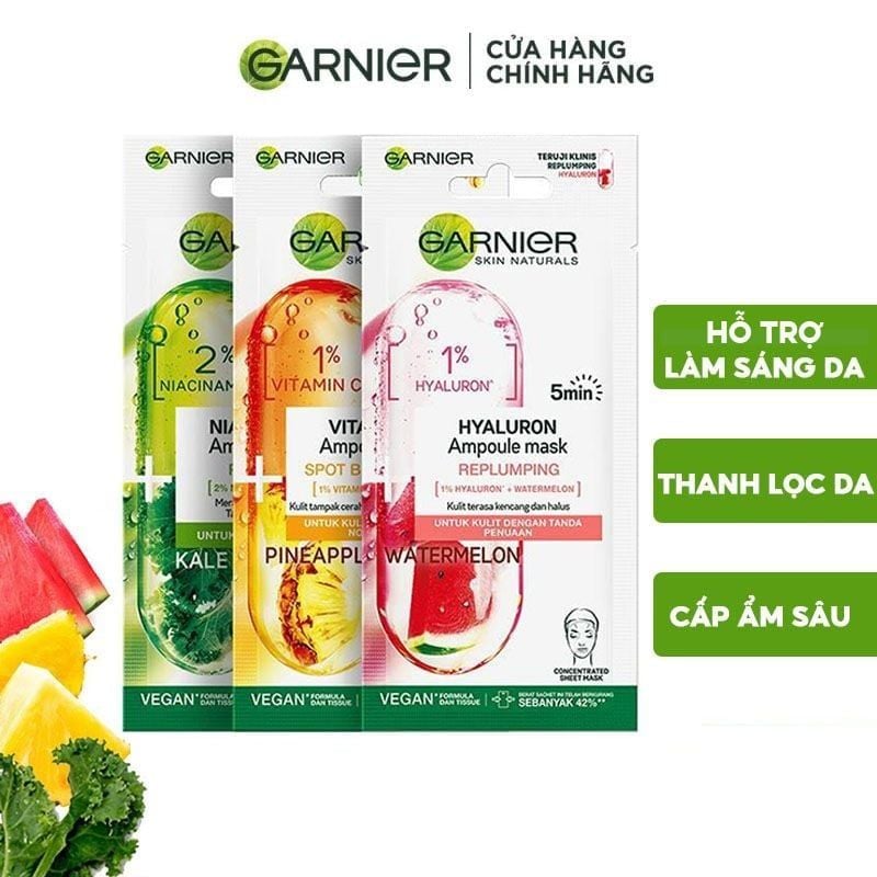 Mặt Nạ Garnier Tinh Chất Dưỡng Ẩm, Hỗ Trợ Làm Sáng Da, Cải Thiện Thâm Nám Skin Naturals Ampoule Mask - WATERMELON 15g