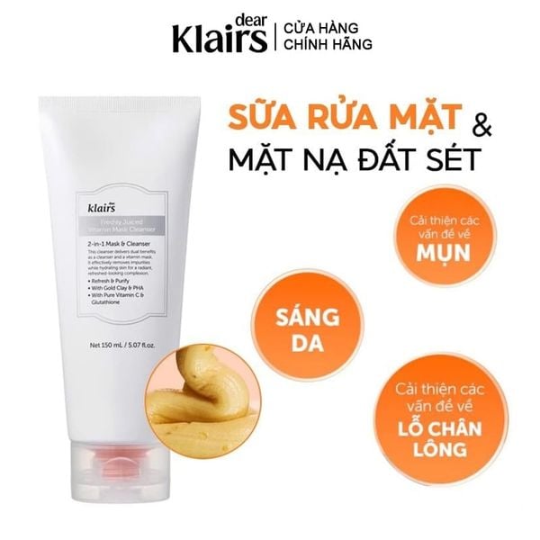  Sữa Rửa Mặt Klairs Hỗ Trợ Làm Sáng Da, Cải Thiện Lỗ Chân Lông Freshly Juiced Vitamin Mask Cleanser 150ml 