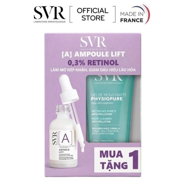  Serum SVR Tinh Chất Ngăn Ngừa Lão Hóa, Dưỡng Da Mềm Mịn [A] Ampoule Lift 30ml + Sữa Rửa Mặt SVR Physiopure Gelée Moussante 200ml 
