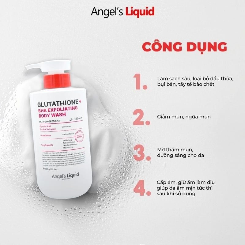 Sữa Tắm Angel's Liquid Hỗ Trợ Giảm Mụn, Dịu Ẩm Làn Da Glutathione Plus Bha Exfoliating Body Wash 250g