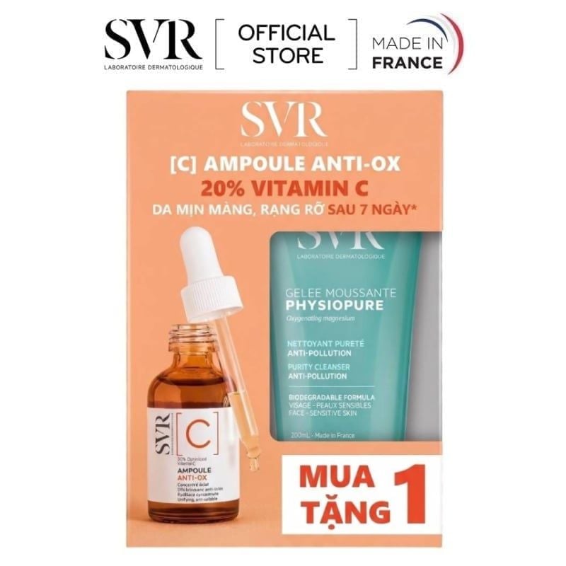 Serum SVR Hỗ Trợ Dưỡng Sáng Da [C] Ampoule Anti-Ox 30ml + Sữa Rửa Mặt SVR Physiopure Gelée Moussante 200ml