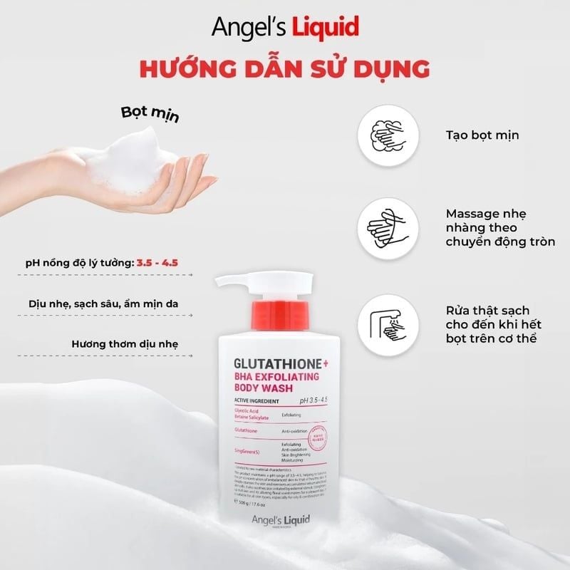 Sữa Tắm Angel's Liquid Hỗ Trợ Giảm Mụn, Dịu Ẩm Làn Da Glutathione Plus Bha Exfoliating Body Wash 250g