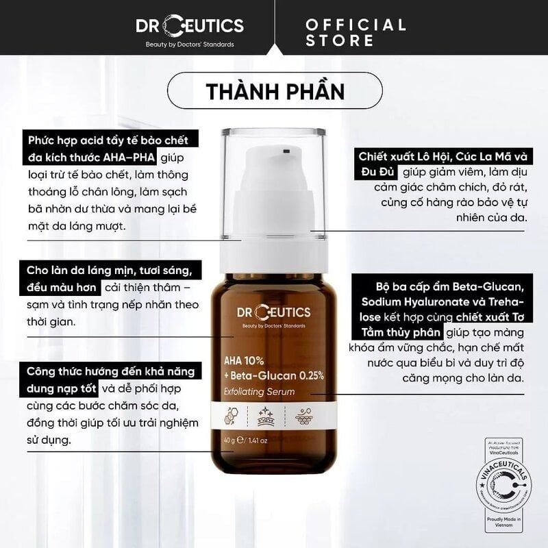 Serum Tẩy Tế Bào Chết Hóa Học DrCeutics AHA 10% + Beta-Glucan 0.25% Exfoliating Serum 40g