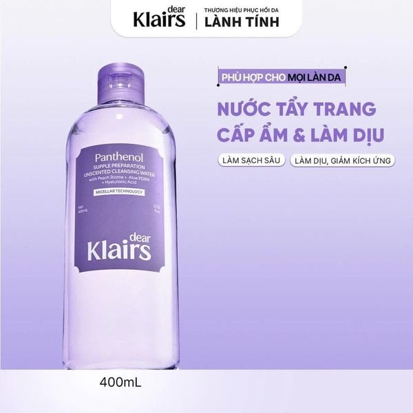  Nước Tẩy Trang Dear Klairs Dịu Nhẹ, Cấp Ẩm Supple Preparation Unscented Cleansing Water 400ml 