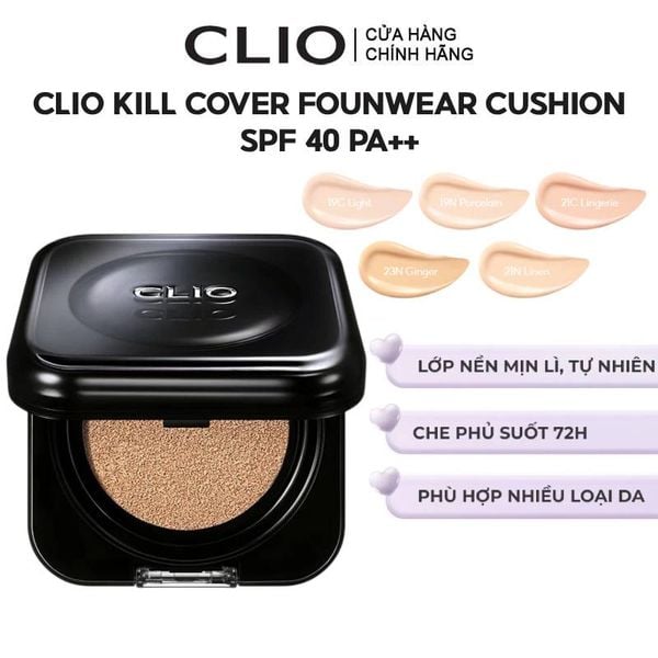  Phấn Nước Trang Điểm Clio Kill Cover Founwear Cushion SPF 40 PA++ 15g (Kèm lõi) 
