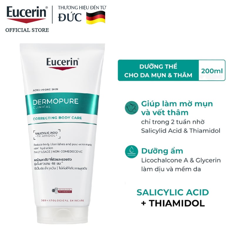 Kem Dưỡng Thể Eucerin Cho Da Mụn Thâm, Hỗ Trợ Mờ Thâm Mụn, Dưỡng Ẩm Dermopure Clinical Correcting Body Care 200ml