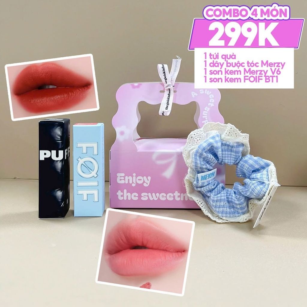 Combo Quà Tặng 20/10: Cột Tóc Merzy + Son Kem Lì Merzy #V6 PUFFER + Son Kem Lì FOIF 3g #BT1 Heart Blush + Túi Hộp Quà Tặng Nhỏ #Hồng
