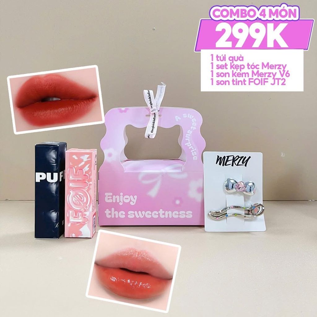 Combo Quà Tặng 20/10: Kẹp tóc Merzy + Son Kem Lì Merzy 3.7g #V6 + Son Tint Bóng FOIF 3g #JT2 + Túi Hộp Nhỏ #Hồng