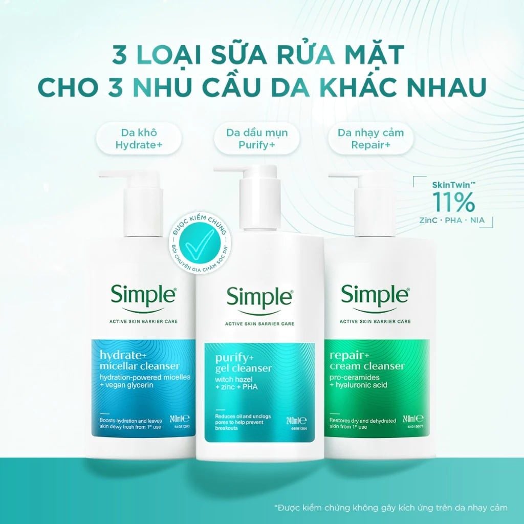 Sữa Rửa Mặt Simple Giúp Giảm Mụn, Cấp Ẩm, Phục Hồi Da Cleanser 240ml
