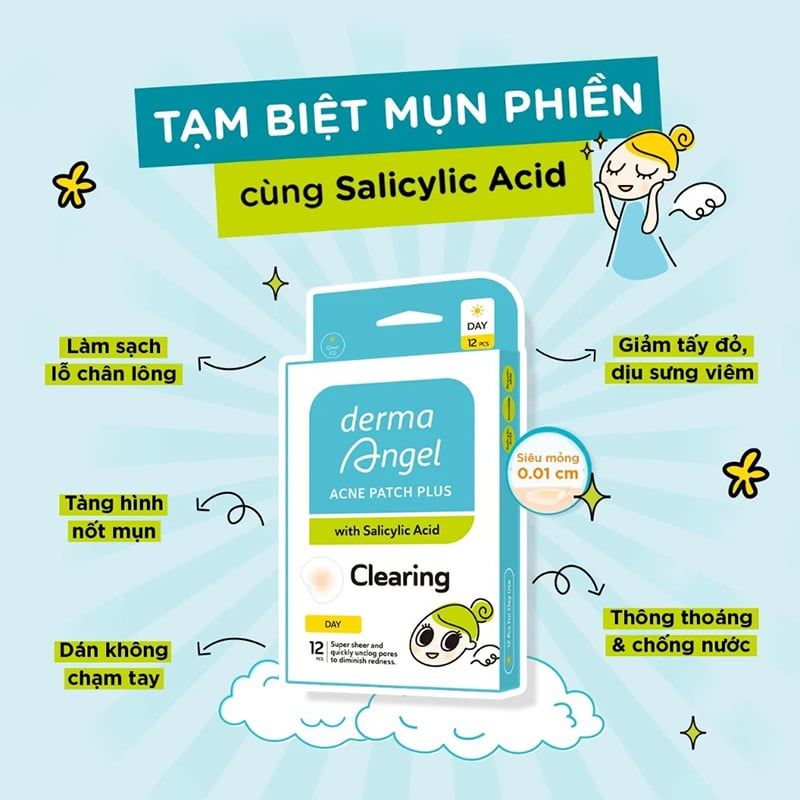 Miếng Dán Mụn Derma Angel Ban Ngày Hỗ Trợ Giảm Viêm Mụn Acne Patch Plus With Salicylic Acid Clearing (12 miếng)