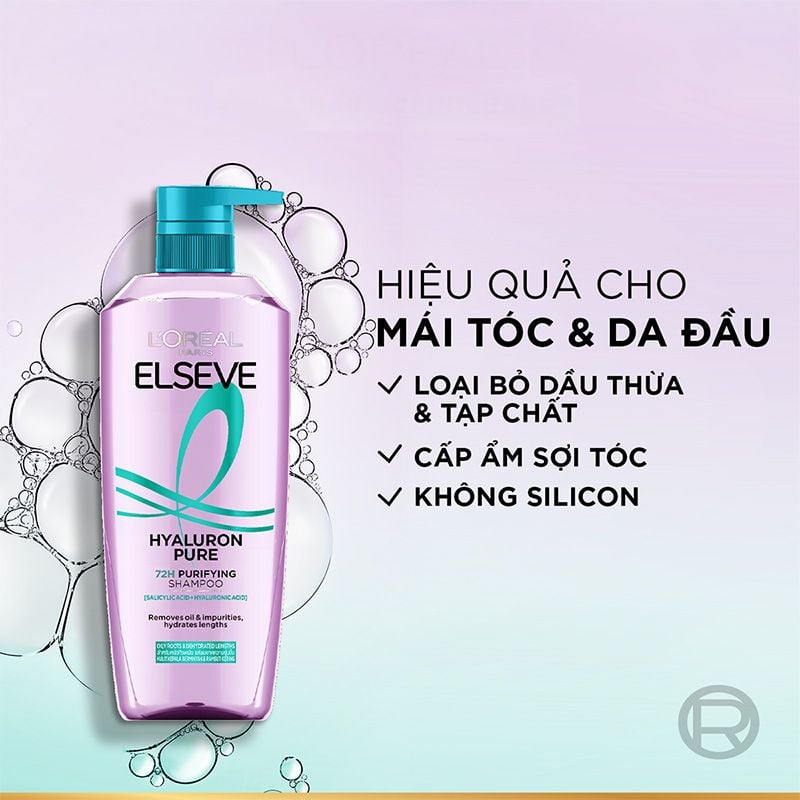 Dầu Gội, Dầu Xả Dưỡng Tóc Phồng Bồng Bềnh Cho Da Đầu Dầu & Thường L'oreal Elseve Hyaluron Pure 72H