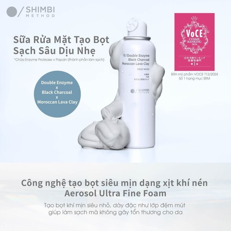 Sữa Rửa Mặt Shimbi Dạng Bọt Làm Sạch Sâu Method Face Wash Double Enzyme, Black Charcoal, Moroccan Lava Clay 120g