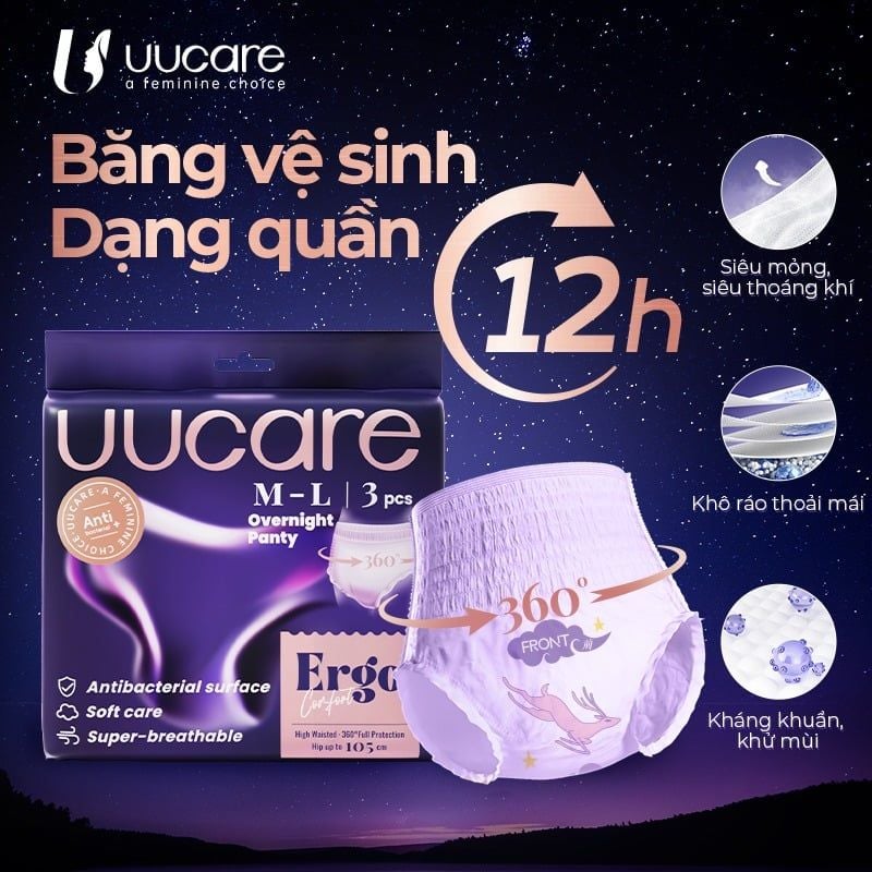 Băng Vệ Sinh Quần UUcare Công Thái Học Ban Đêm Kháng Khuẩn Sanitary Panties - 3 miếng (Che tên sản phẩm khi giao hàng)