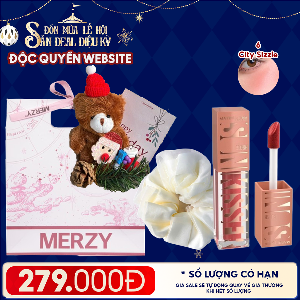 Túi Quà Giáng Sinh: Son Maybelline + Kẹp Tóc Ngẫu Nhiên + Set Quà Gấu + Túi Giấy Merzy Holiday